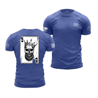 Blue t-shirt with a graphic design on the front and back, featuring a brand logo.