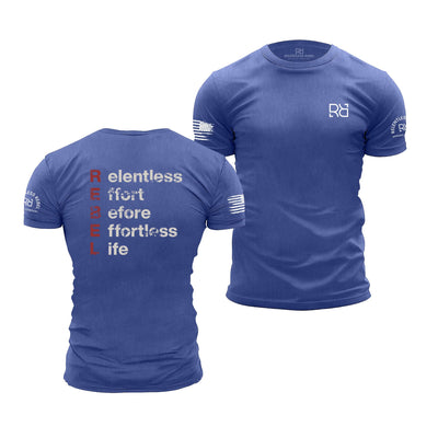 Blue t-shirt with text and logos on a white background