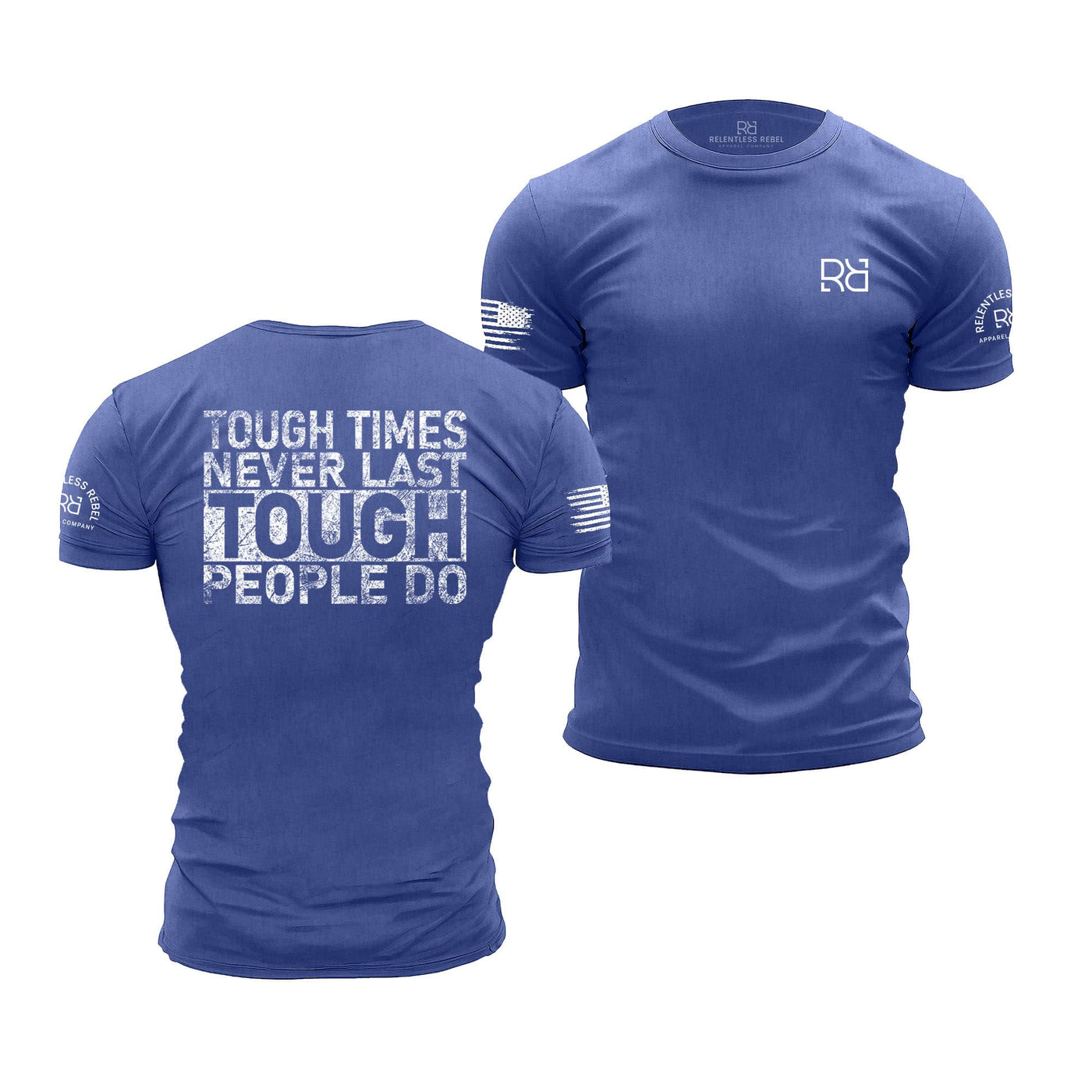 Blue t-shirt with motivational quote on front and back, brand logo on sleeve