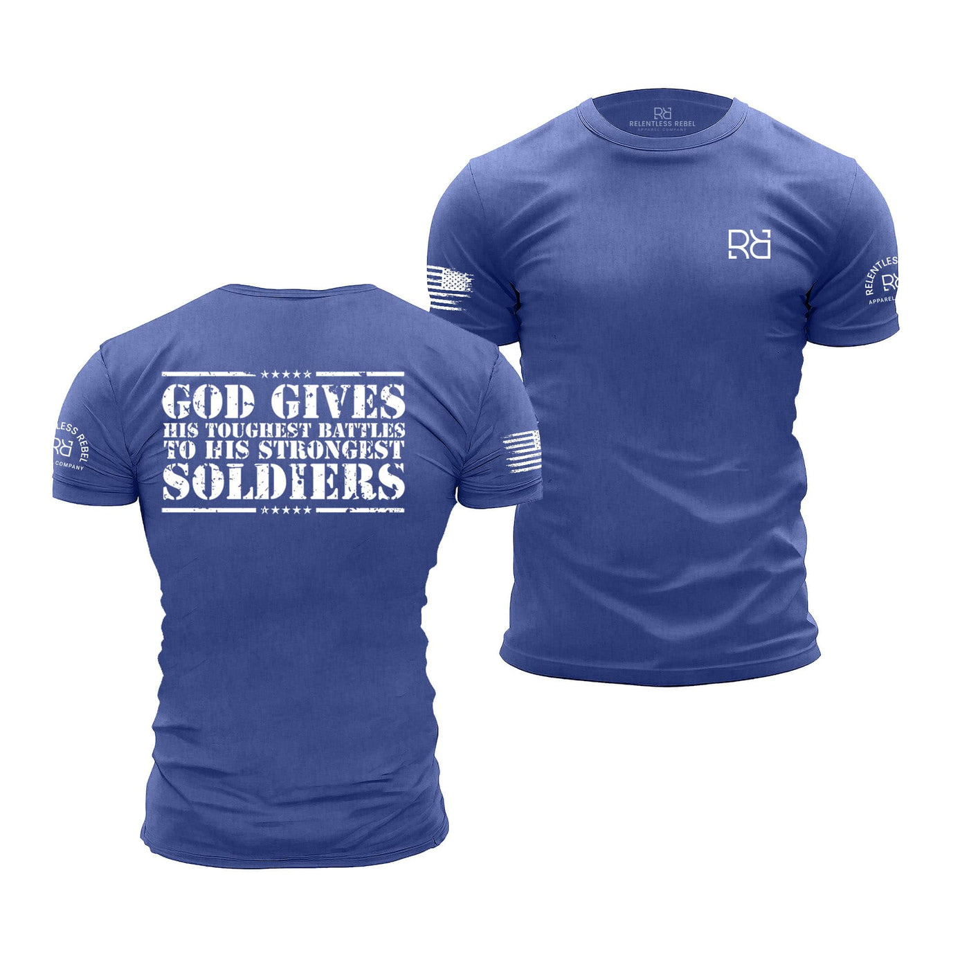 Blue t-shirt with motivational quote on front and back, featuring a logo on sleeve.