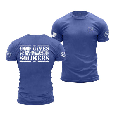 Blue t-shirt with motivational quote on front and back, featuring a logo on sleeve.