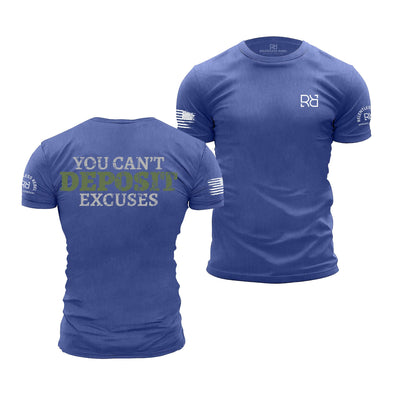 Blue t-shirt with motivational quote on front and back, brand logo on sleeve