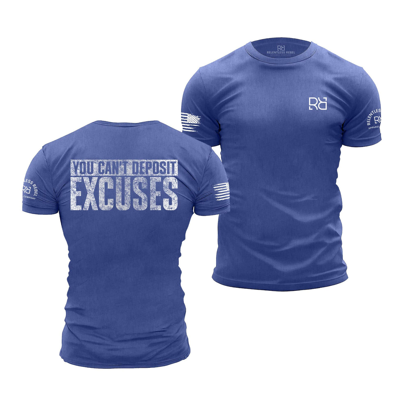 Blue t-shirt with motivational text on the front and back, featuring a logo on the sleeve.