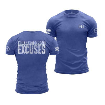 Blue t-shirt with motivational text on the front and back, featuring a logo on the sleeve.