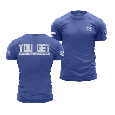 Blue t-shirt with text and logos on a white background