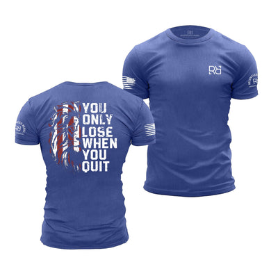 Blue t-shirt with motivational quote on front and back, brand logo on sleeve