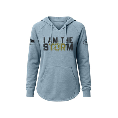 Blue hoodie with 'I AM THE STORM' text on a white background