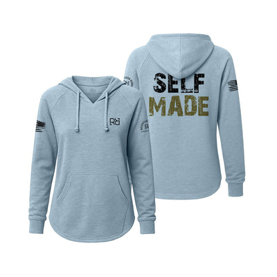 Light blue hoodie with 'SELF MADE' text on the back, displayed from front and back views.
