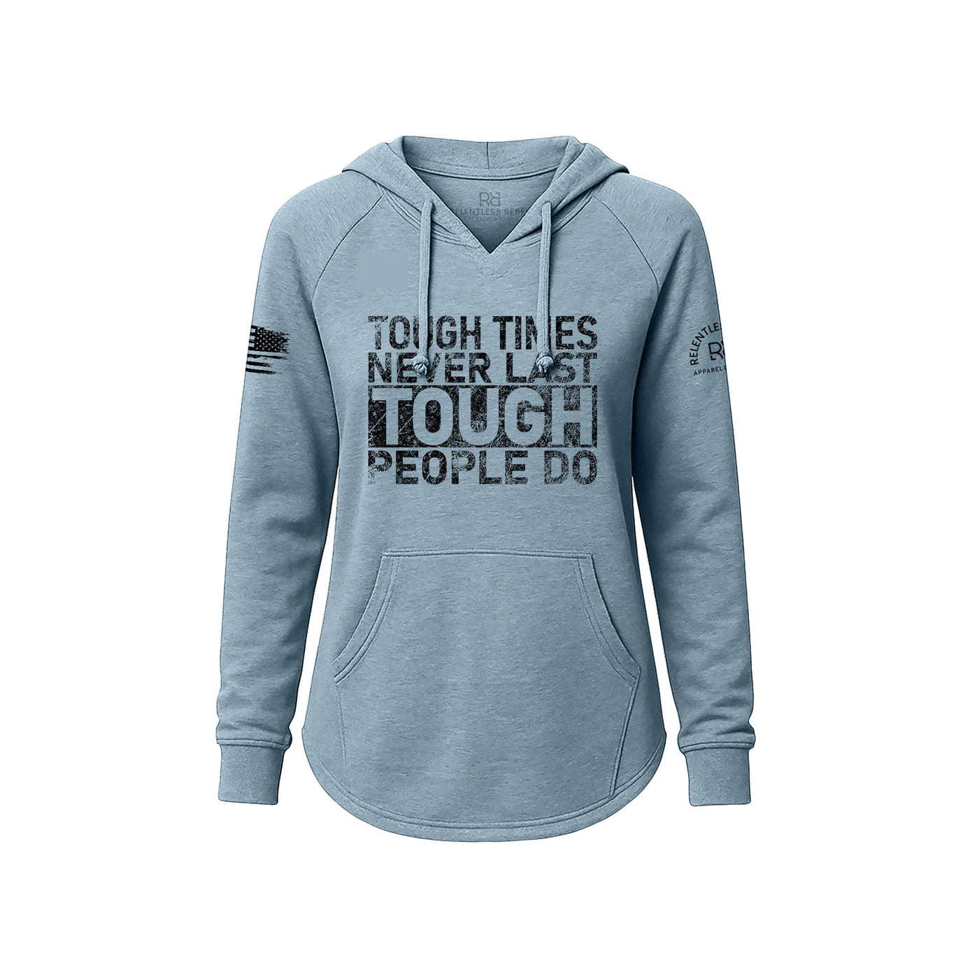 Blue hoodie with text design on a white background
