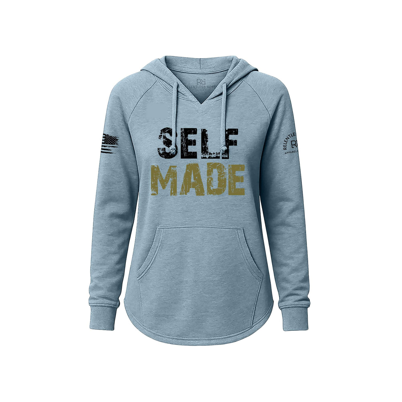 Blue hoodie with 'SELF MADE' text on a white background