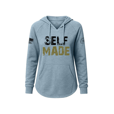 Blue hoodie with 'SELF MADE' text on a white background