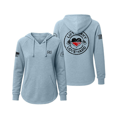 Light blue hoodie with graphics on the front and back on a white background