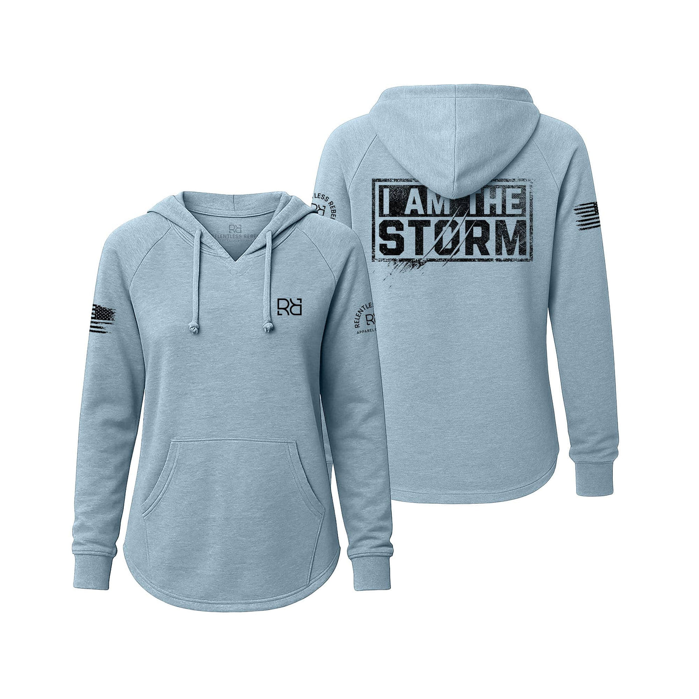 Light blue hoodie with 'I AM THE STORM' text on the back, displayed from front and back views.