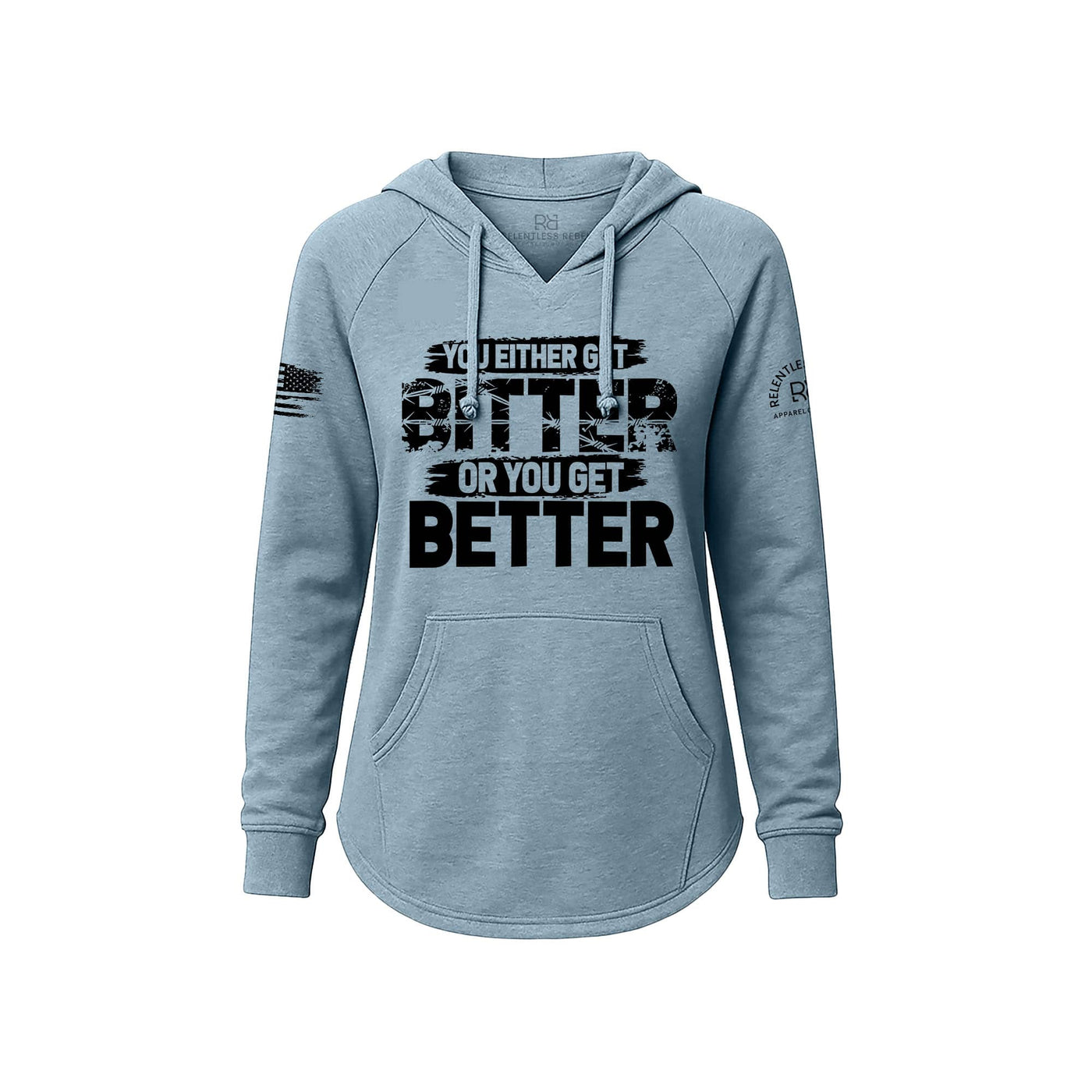 Light blue hoodie with motivational text on a white background