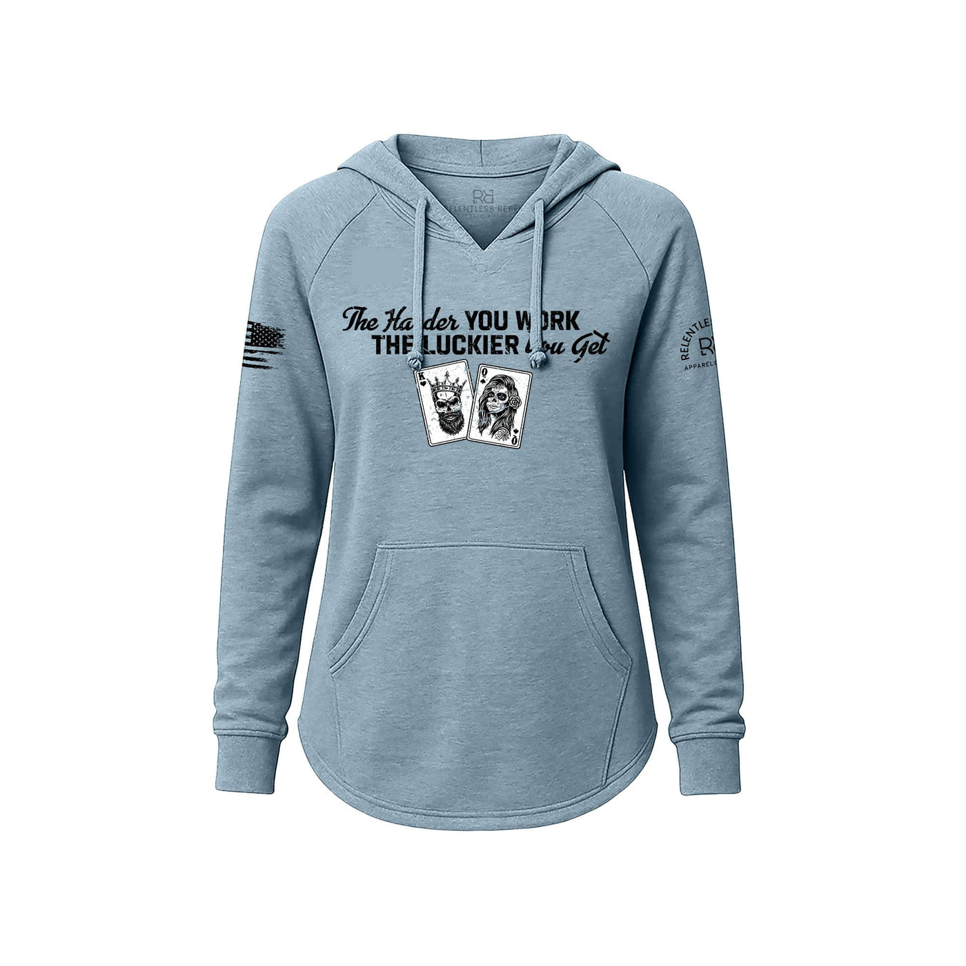 Blue hoodie with text and graphics on a white background