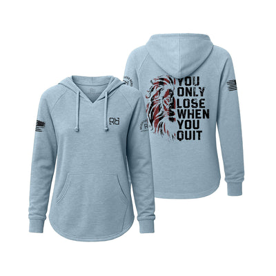 Light blue hoodie with motivational quote and graphics on a white background