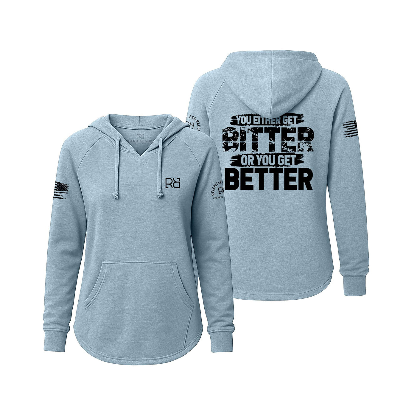 Light blue hoodie with text on the back on a white background