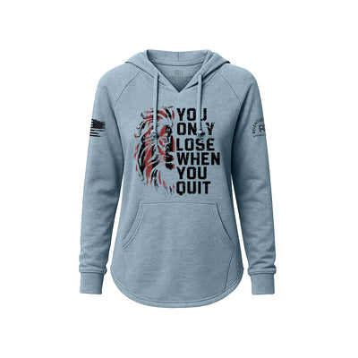 Blue hoodie with motivational quote and tiger design on a white background