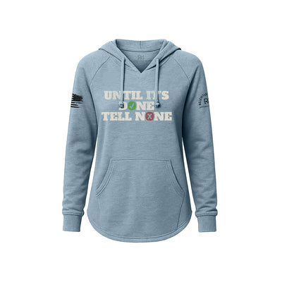 Blue hoodie with text and graphics on a white background