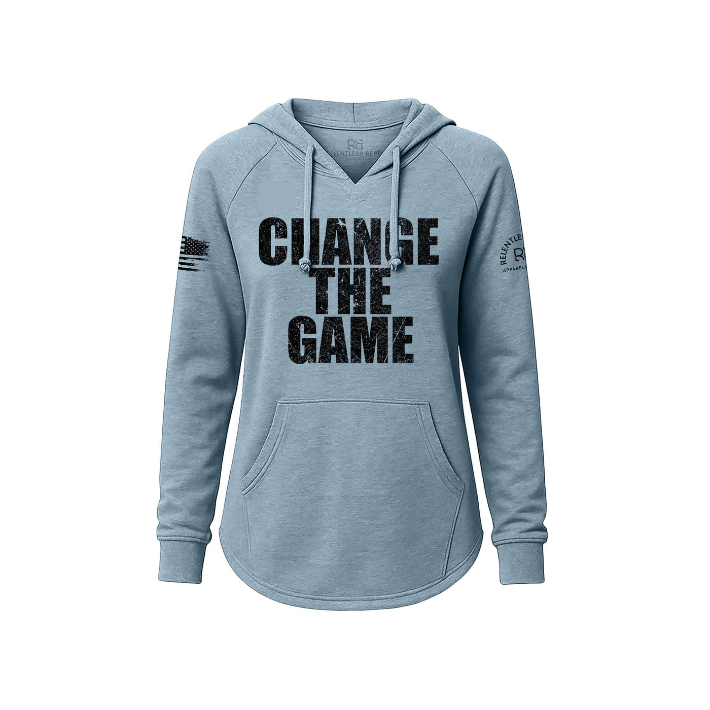 Blue hoodie with 'Change The Game' text on a white background