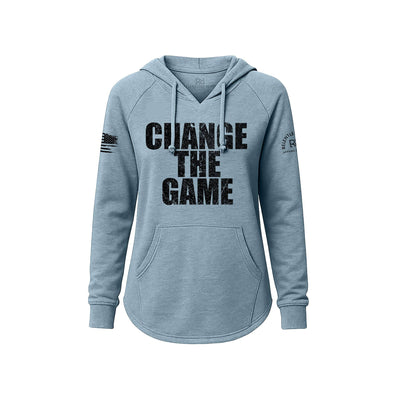 Blue hoodie with 'Change The Game' text on a white background