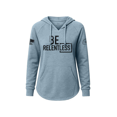 Blue hoodie with 'BE RELENTLESS' text on a white background