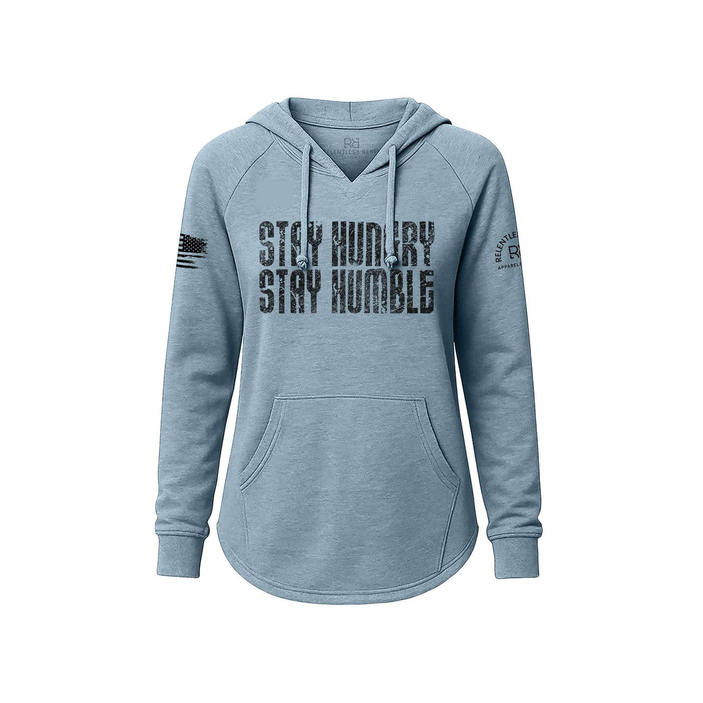 Blue hoodie with 'Stay Hungry Stay Humble' text on a white background