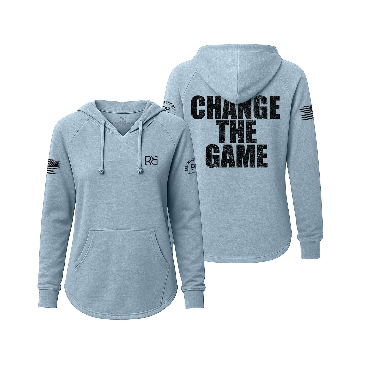 Light blue hoodie with 'Change The Game' text on the back, on a white background