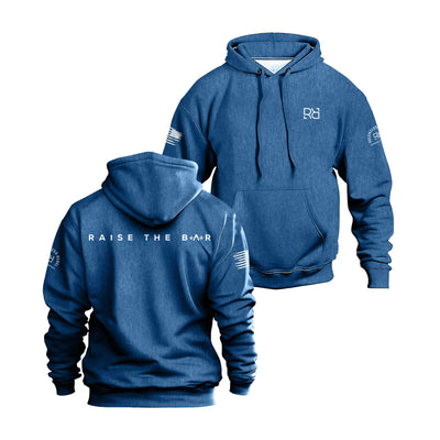 Royal hoodie with 'Raise the Bar' text on front and back, displayed from front and back views.