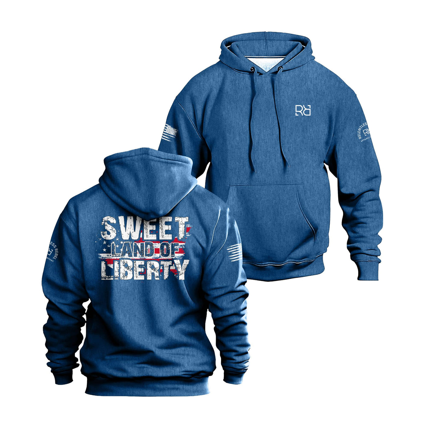 Royal hoodie with 'Sweet Land of Liberty' text on a white background
