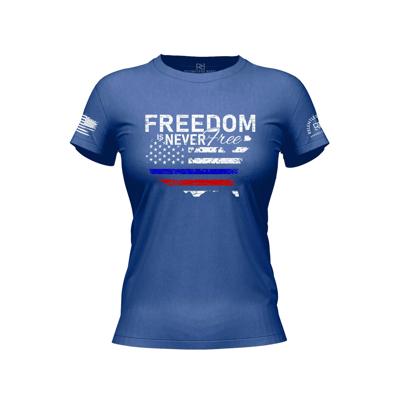 Blue t-shirt with 'Freedom is Never Free' text and design on a white background