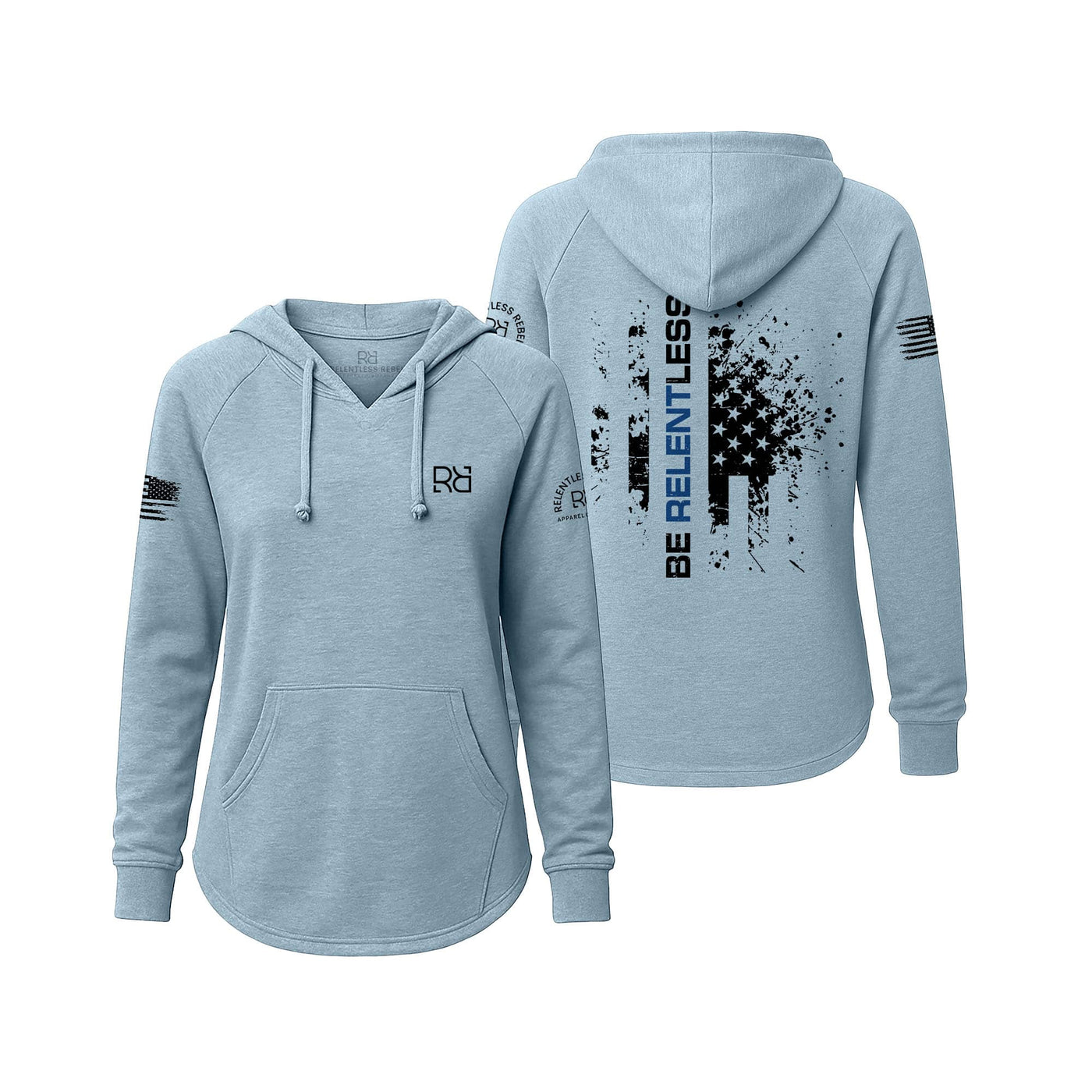 Light blue hoodie with graphic designs on the front and back, featuring text and logos.