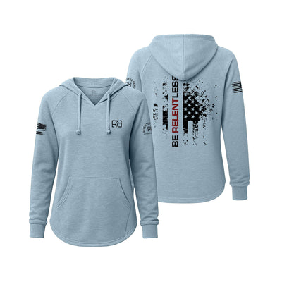 Light Blue hoodie with front and back designs on a white background
