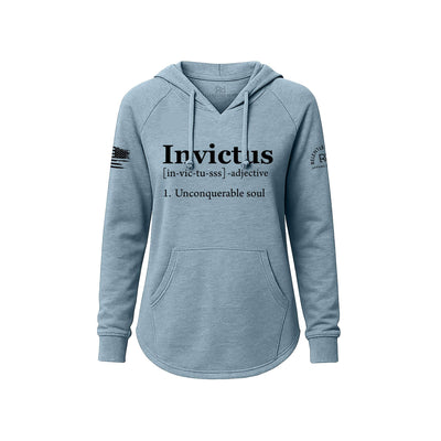 Blue hoodie with 'Invictus' text on a white background