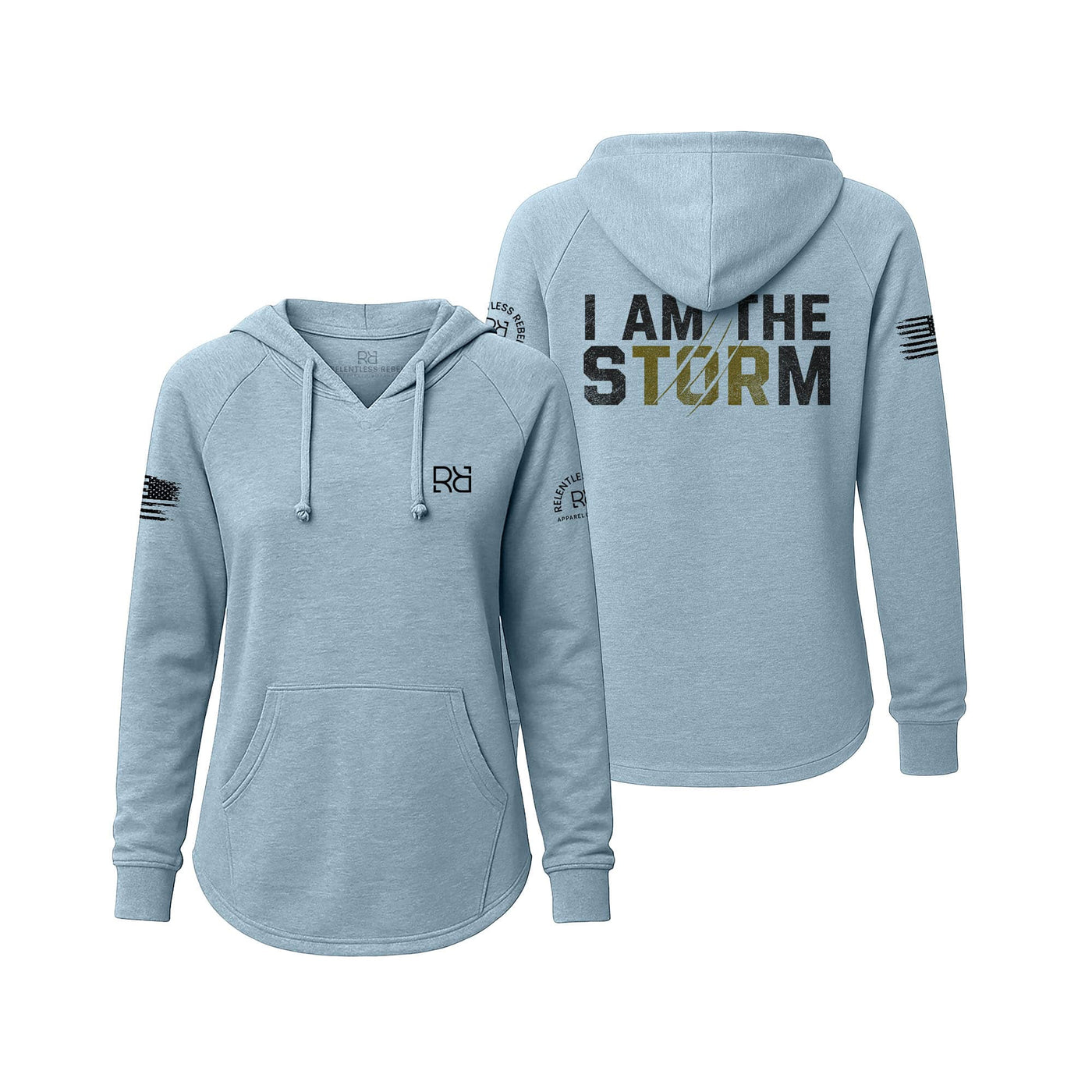 Light blue hoodie with 'I AM THE STORM' text on the back, displayed from front and back views.