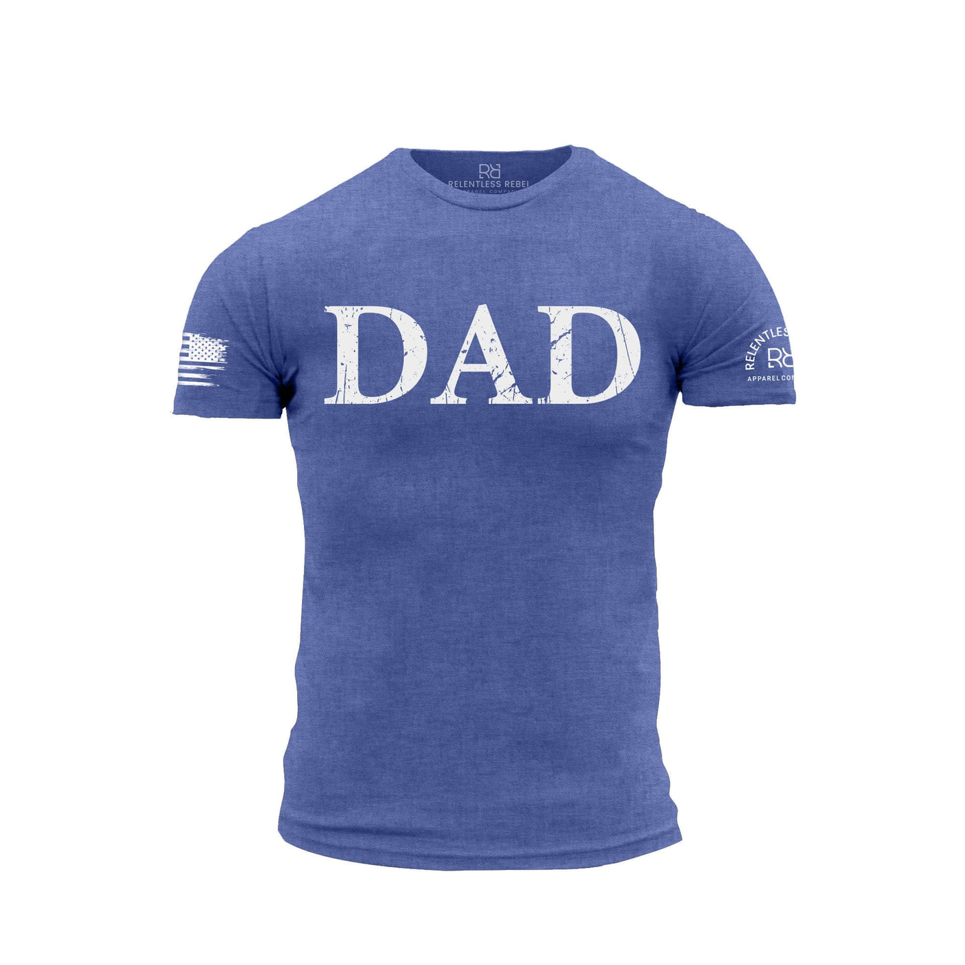 Blue t-shirt with 'DAD' text on a white background