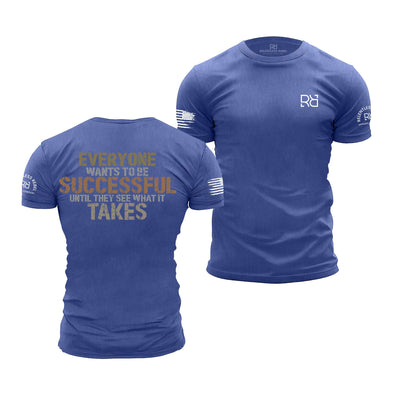 Blue t-shirt with motivational quote on the back and brand logo on the sleeve, displayed from front and back views.