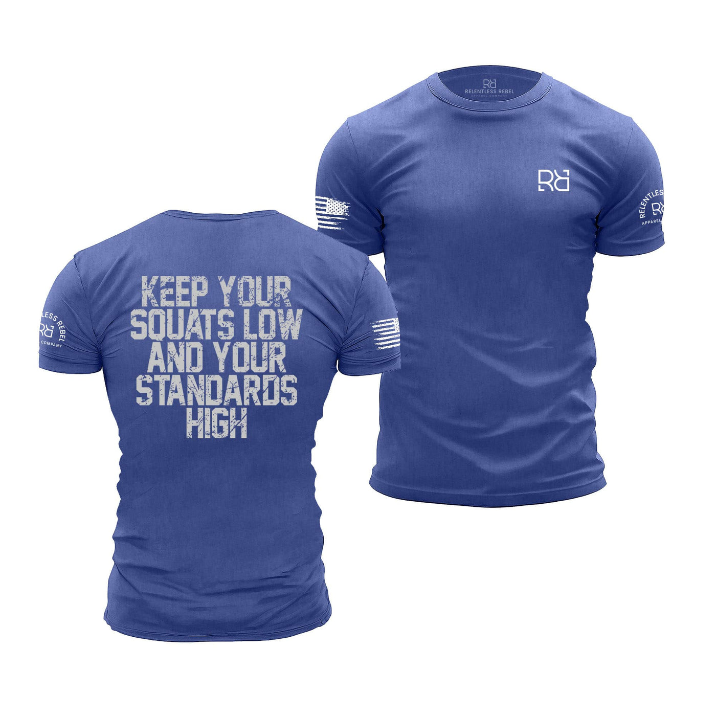 Blue t-shirt with motivational quote on the back, displayed from front and back views.
