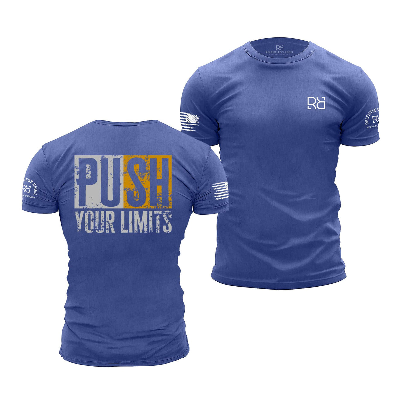 Blue t-shirt with 'Push Your Limits' text on the back, displayed from front and back views.