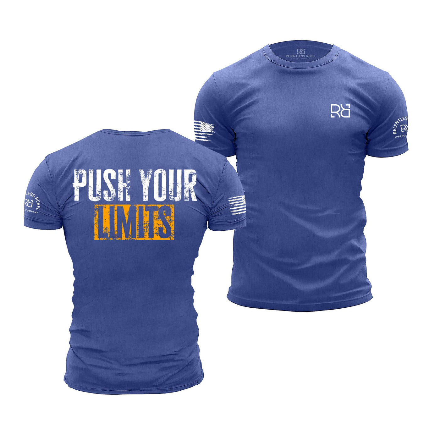 Blue t-shirt with 'Push Your Limits' text on the back, displayed from front and back views.