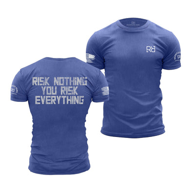 Blue t-shirt with text and logo on a white background