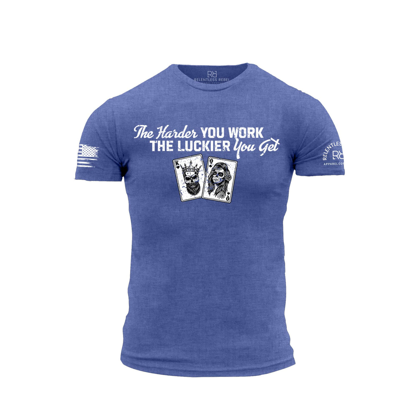 Blue t-shirt with motivational quote and card graphics on a white background