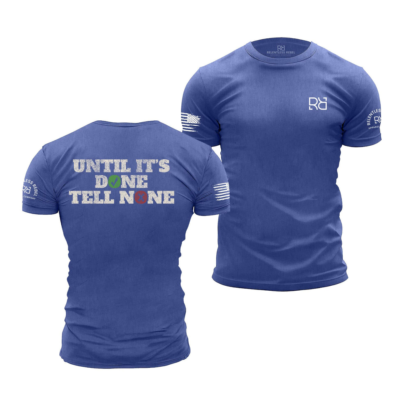 Blue t-shirt with text and logos on a white background