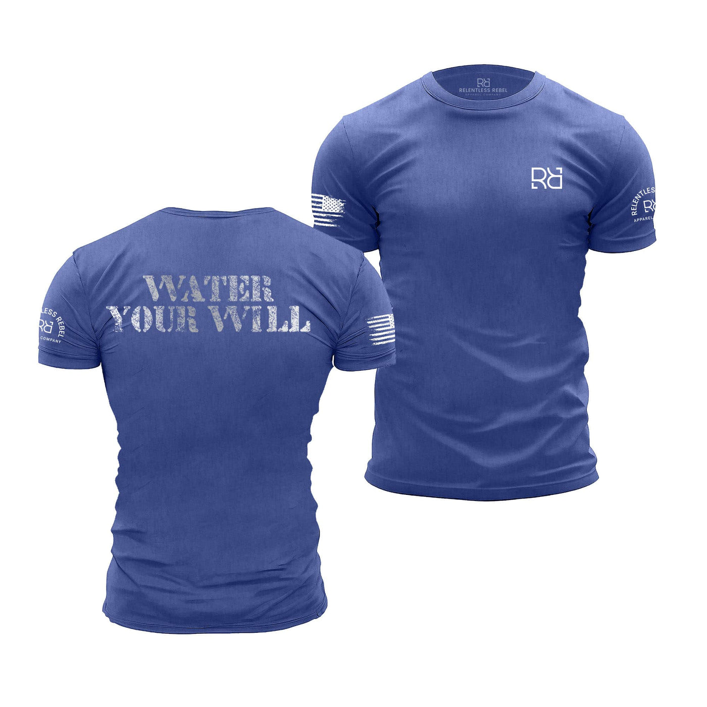 Blue t-shirt with 'Water Your Will' text on the front and logo on the back, displayed from two angles.