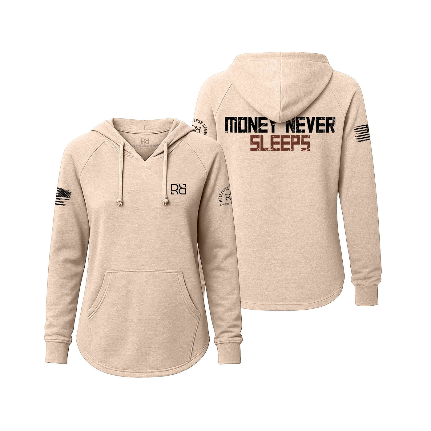 Blush Women's Wave Hoodie with the Money Never Sleeps on the back