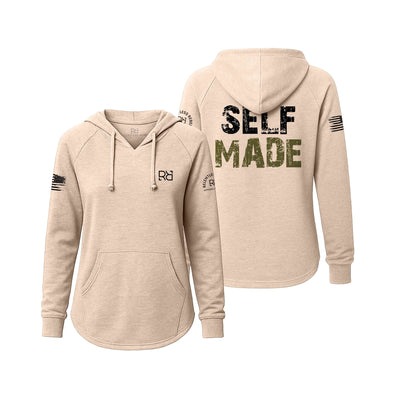 Blush hoodie with 'SELF MADE' text on the back, displayed from front and back views.