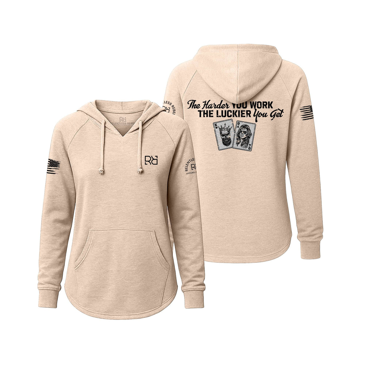 Blush hoodie with text and graphics on a white background