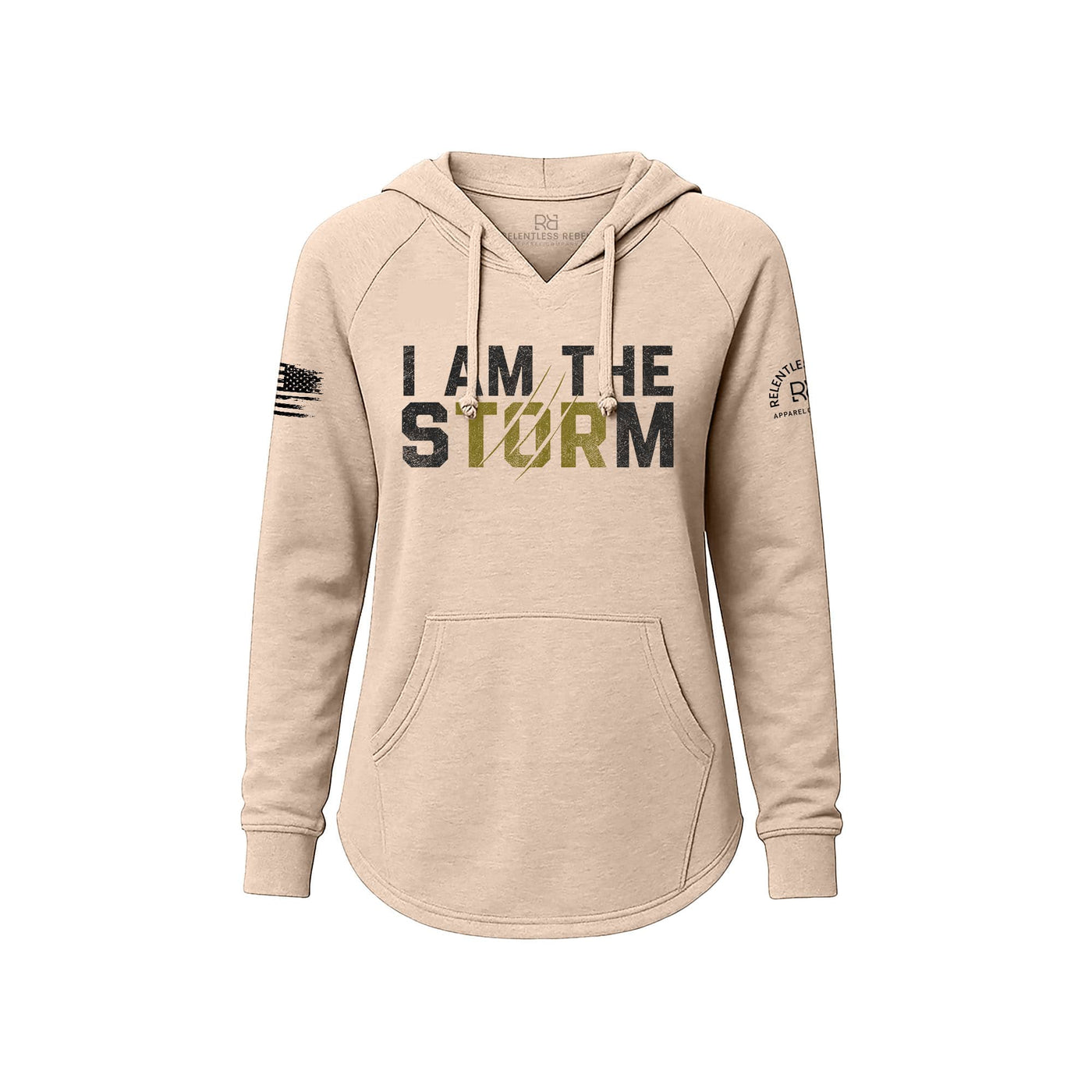 Blush hoodie with 'I AM THE STORM' text on a white background
