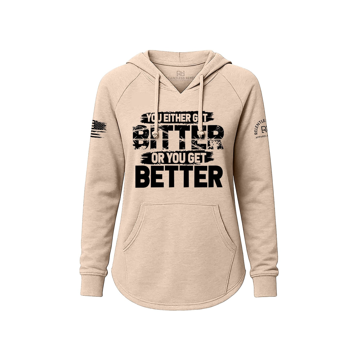 Blush hoodie with text design on a white background