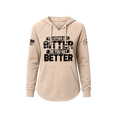Blush hoodie with text design on a white background